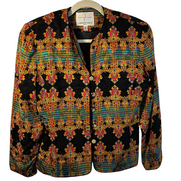 Vibrant Print 80s 100% Silk  Safe Silk by Adrianna Pappel VINTAGE BLAZER - Picture 1 of 7